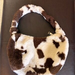 Faux Fur Cow Print Shoulder Bag - Brown & Cream